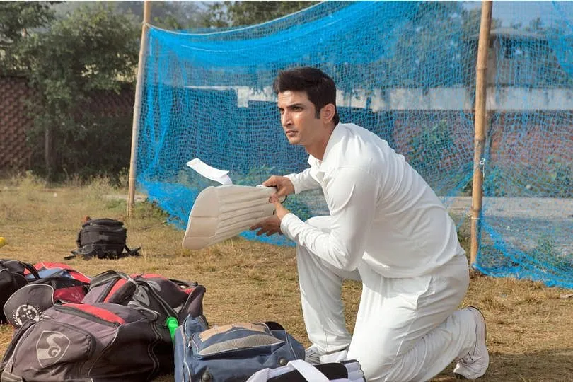 Sushant Singh Rajpur in a still from and as M. S. Dhoni. Image: IMDB 